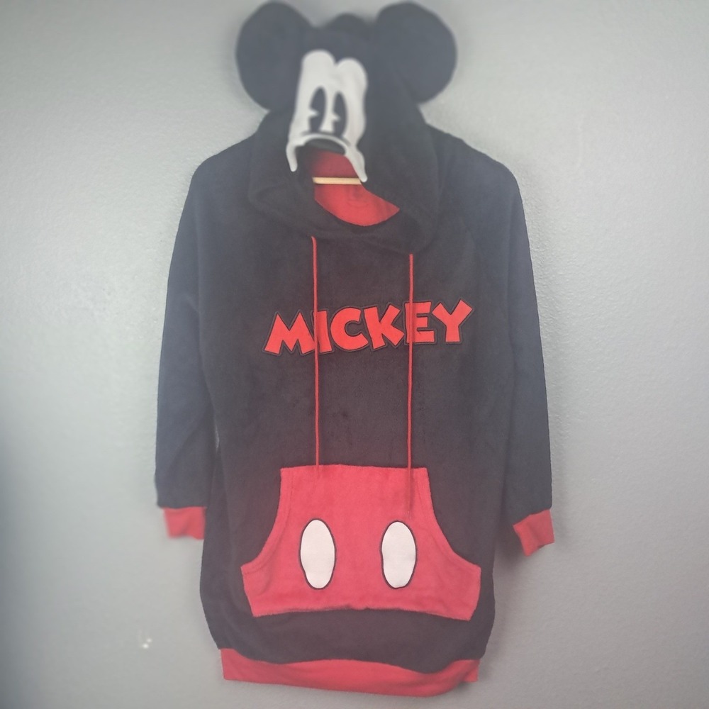 Disney Mickey Mouse Hoodie Womens XS Red Black Fleece Oversized 3D Ears Hood